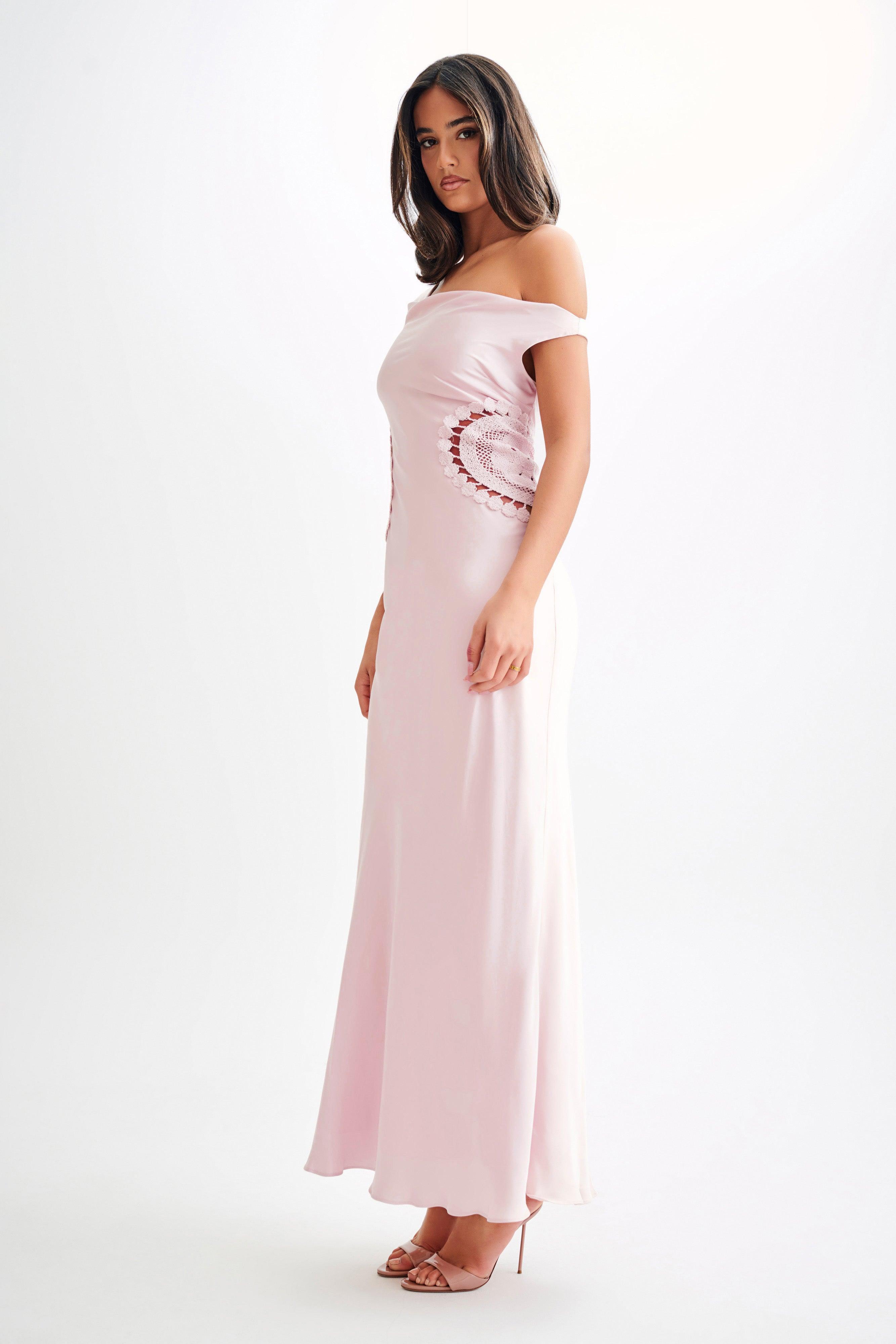 Kristina Satin Maxi Dress With Crochet - Pale Pink Product Image