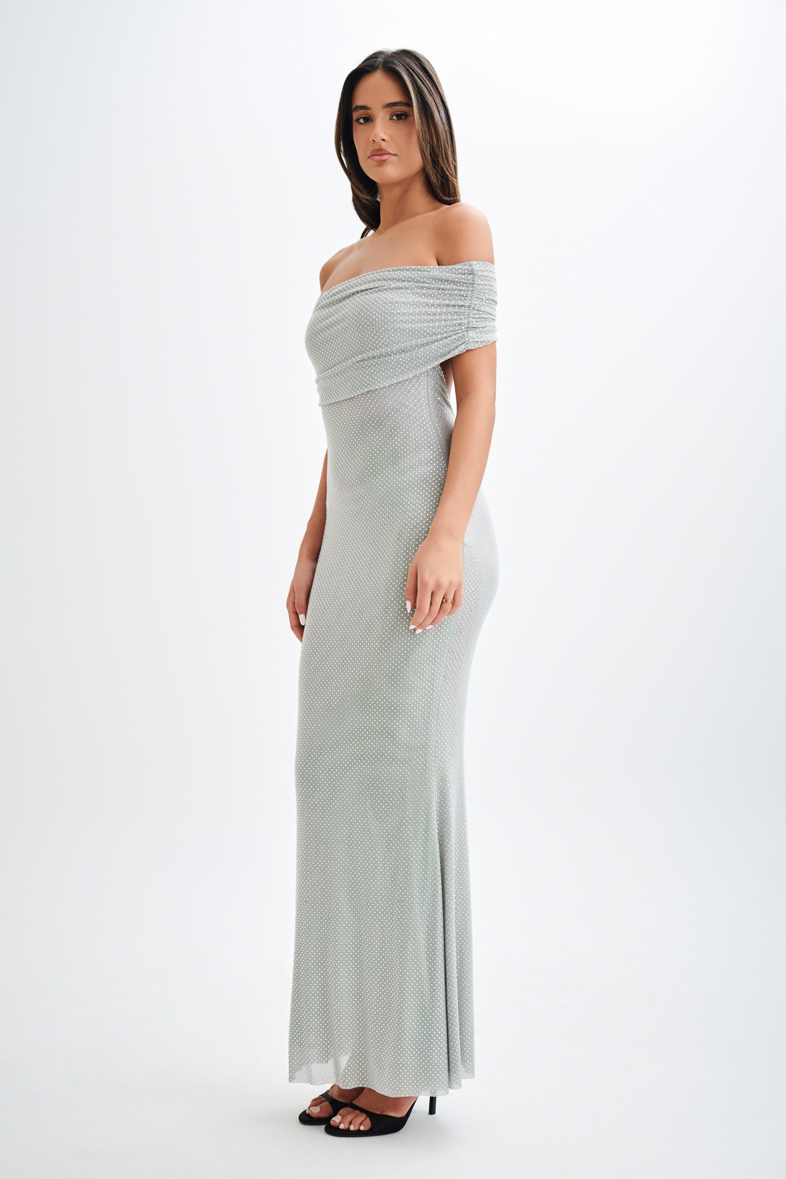 Arna Off Shoulder Diamante Maxi Dress - Silver Product Image