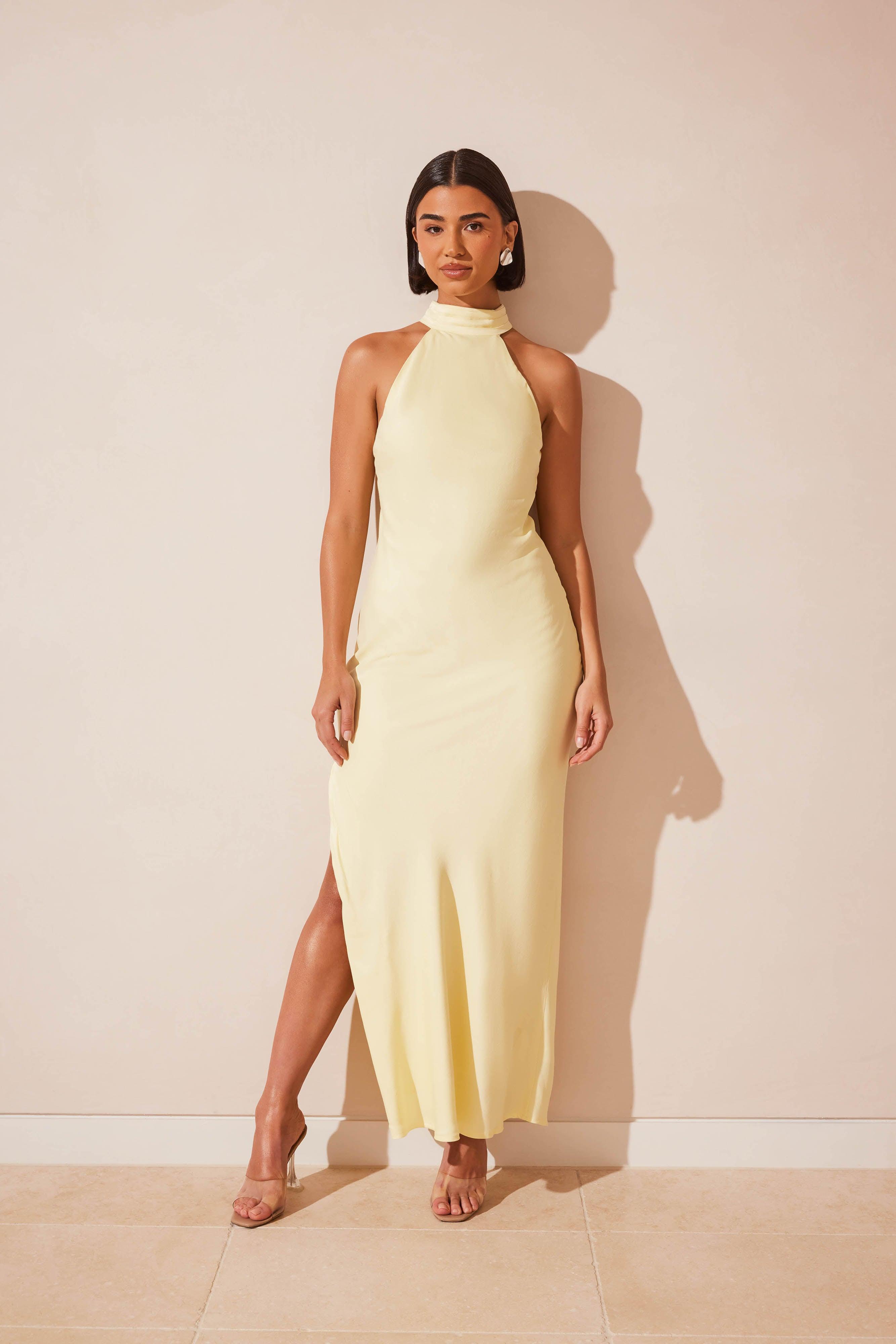 Claire Matte Satin Drape Back Maxi Dress - Light Yellow Product Image