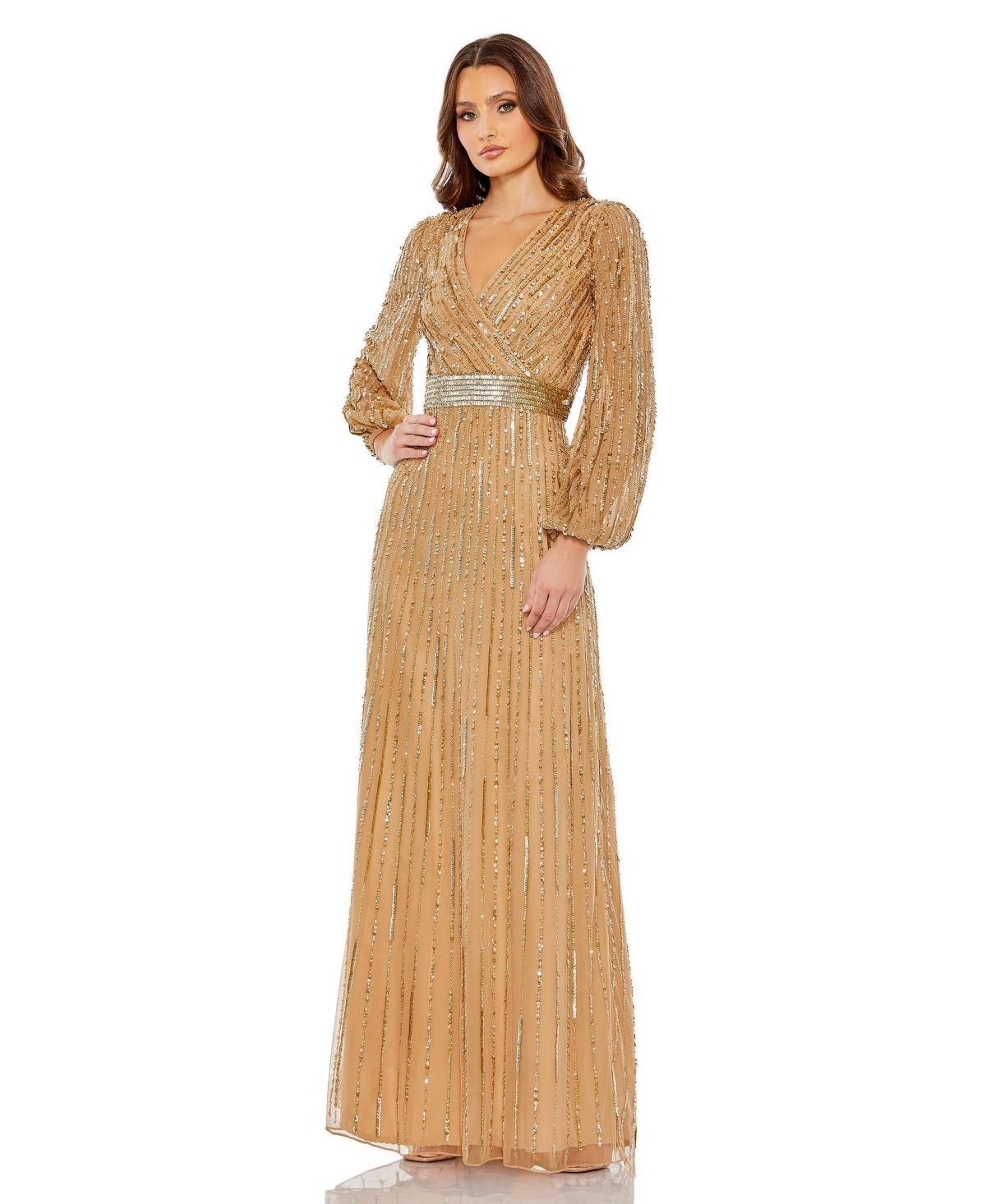 Womens Sequin-Embellished Bishop-Sleeve Gown Product Image