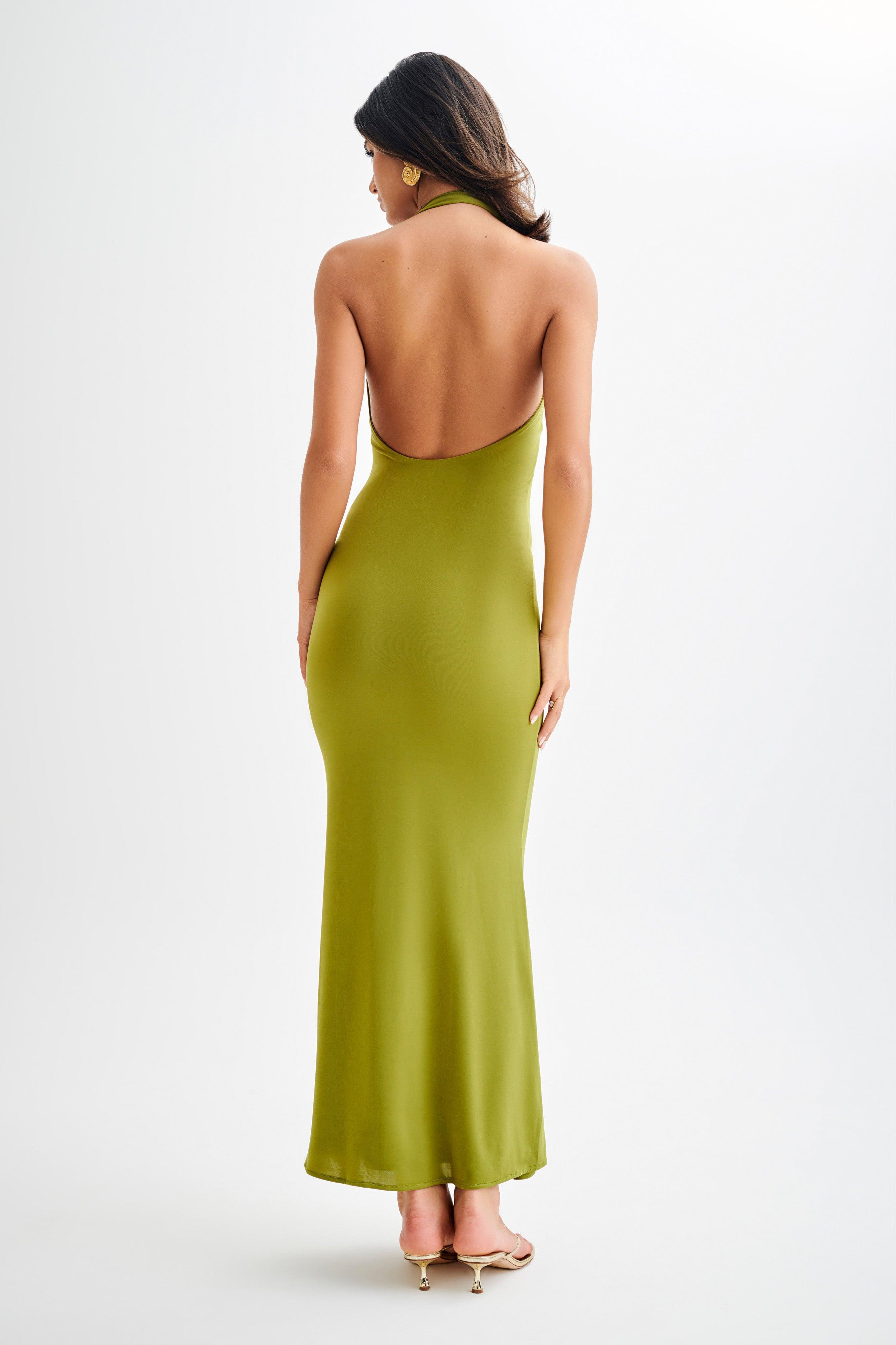 Marianne Asymmetrical Slinky Maxi Dress - Vintage Olive Product Image