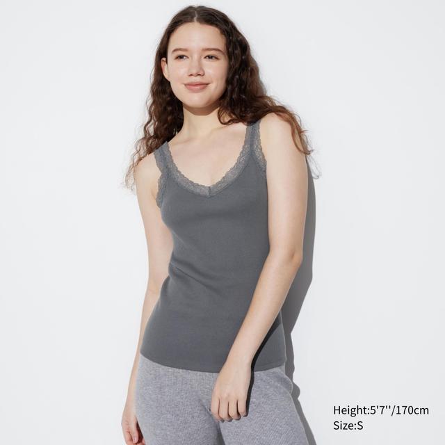 Womens 2-Way Stretch Ribbed Lace Tank Top Gray 2XL UNIQLO US Product Image