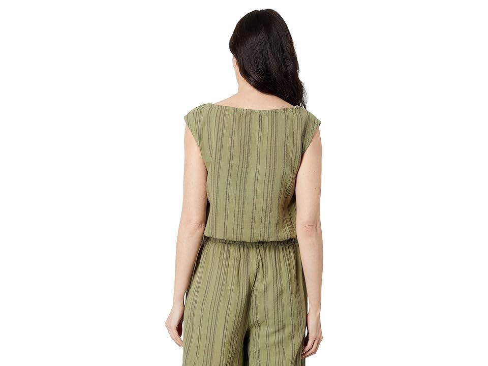 Mod-o-doc Tonal Stripe Gauze Cap Sleeve Crop Top (Forest Fern) Women's Clothing Product Image