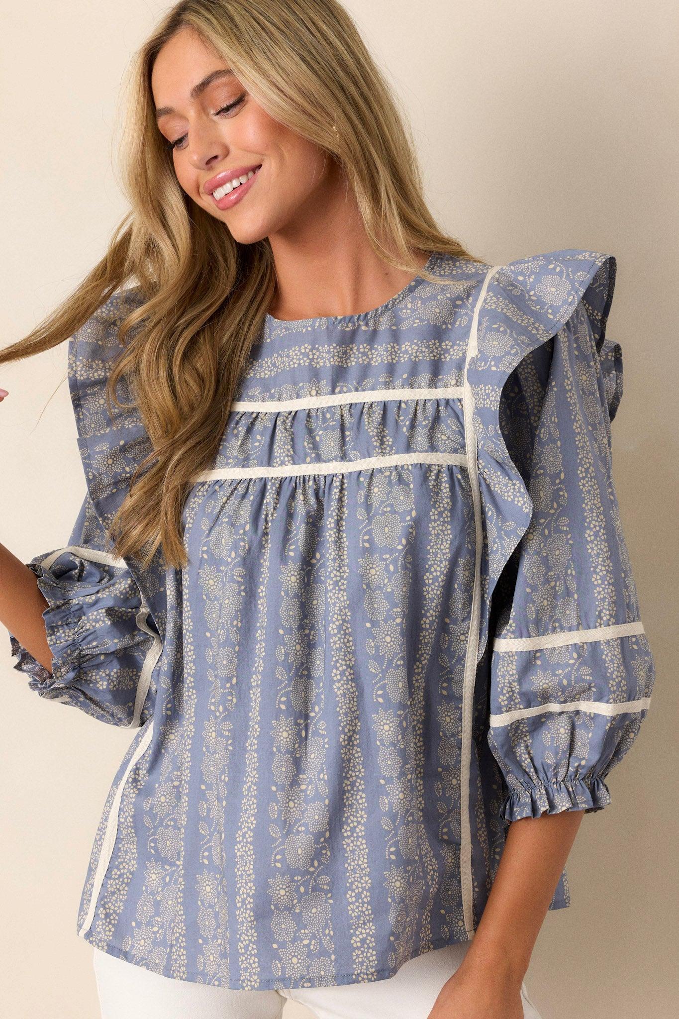 Wake Up Fine Blue 100% Cotton Floral Ruffle Sleeve Top Product Image