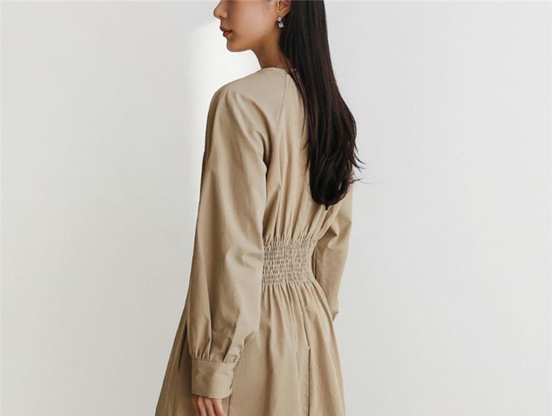 Long-Sleeve Round Neck Plain Midi A-Line Dress Product Image