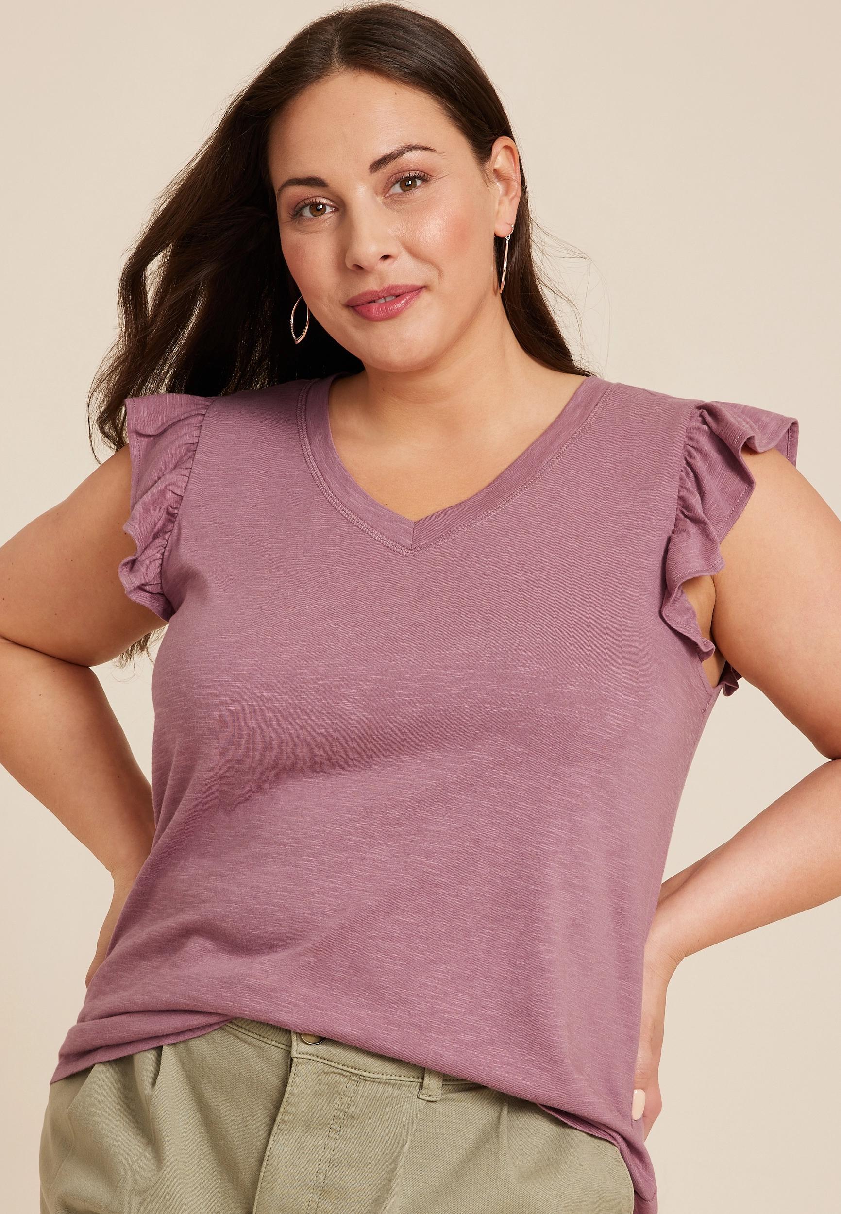 Maurices 4X Plus Size Womens Brookside V Neck Ruffle Sleeve Tee Pink Product Image