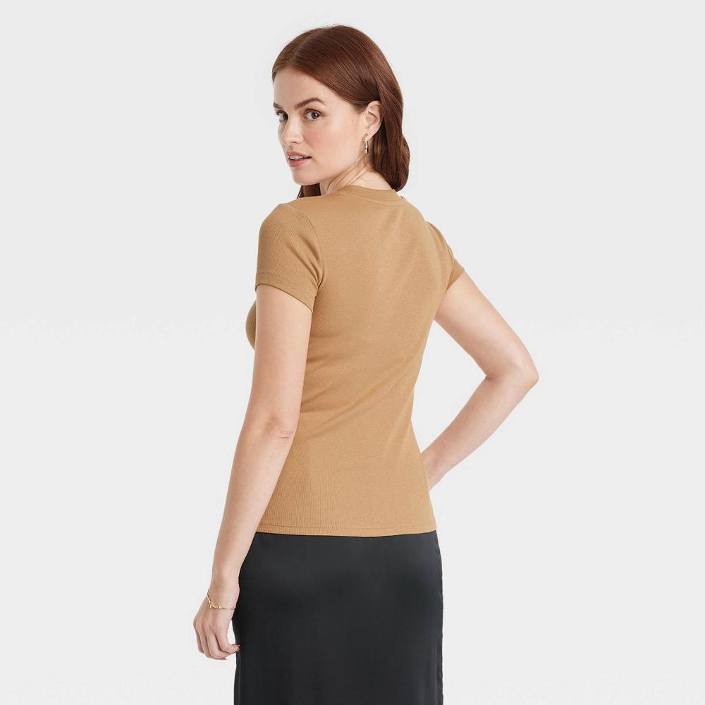 Women's Slim Fit Short Sleeve Ribbed T-Shirt - A New Day™ Tan XL Product Image