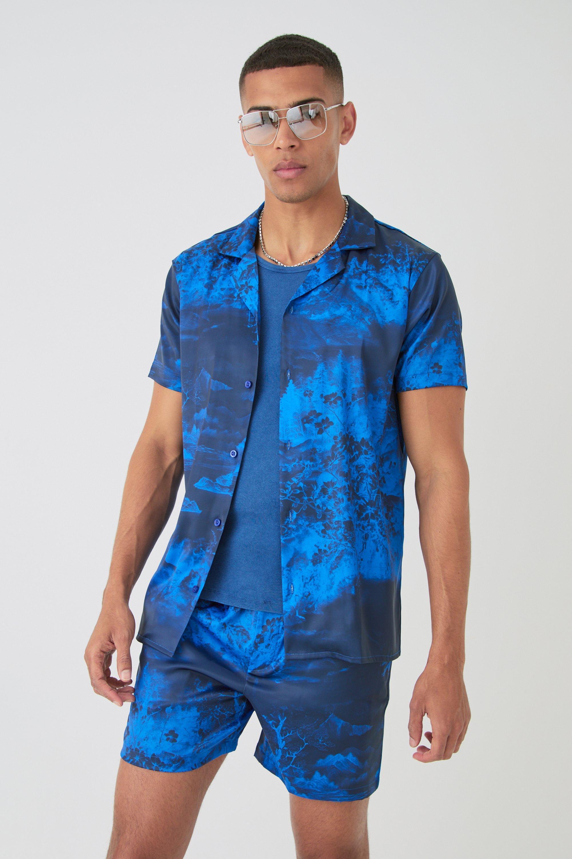 Short Sleeve Satin Tile Shirt & Short | boohooMAN USA Product Image