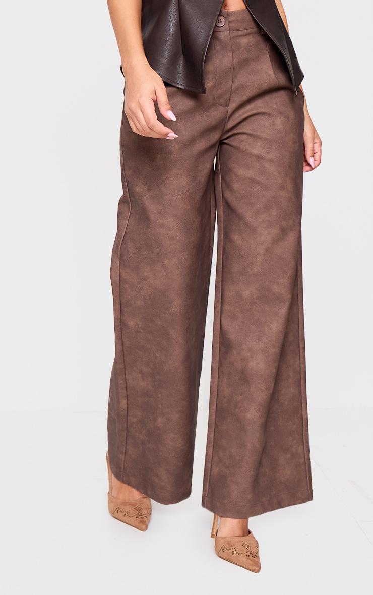 Petite Chocolate Faux Leather Wide Leg Pants Product Image