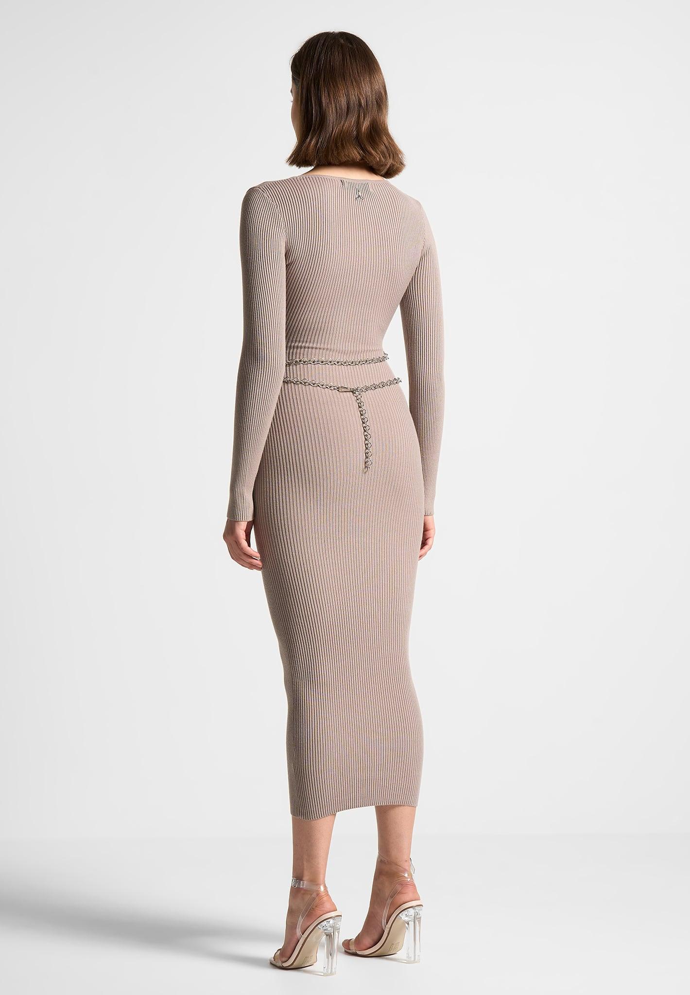 Ribbed Knit Midaxi Dress with Chain Belt - Taupe Female Product Image