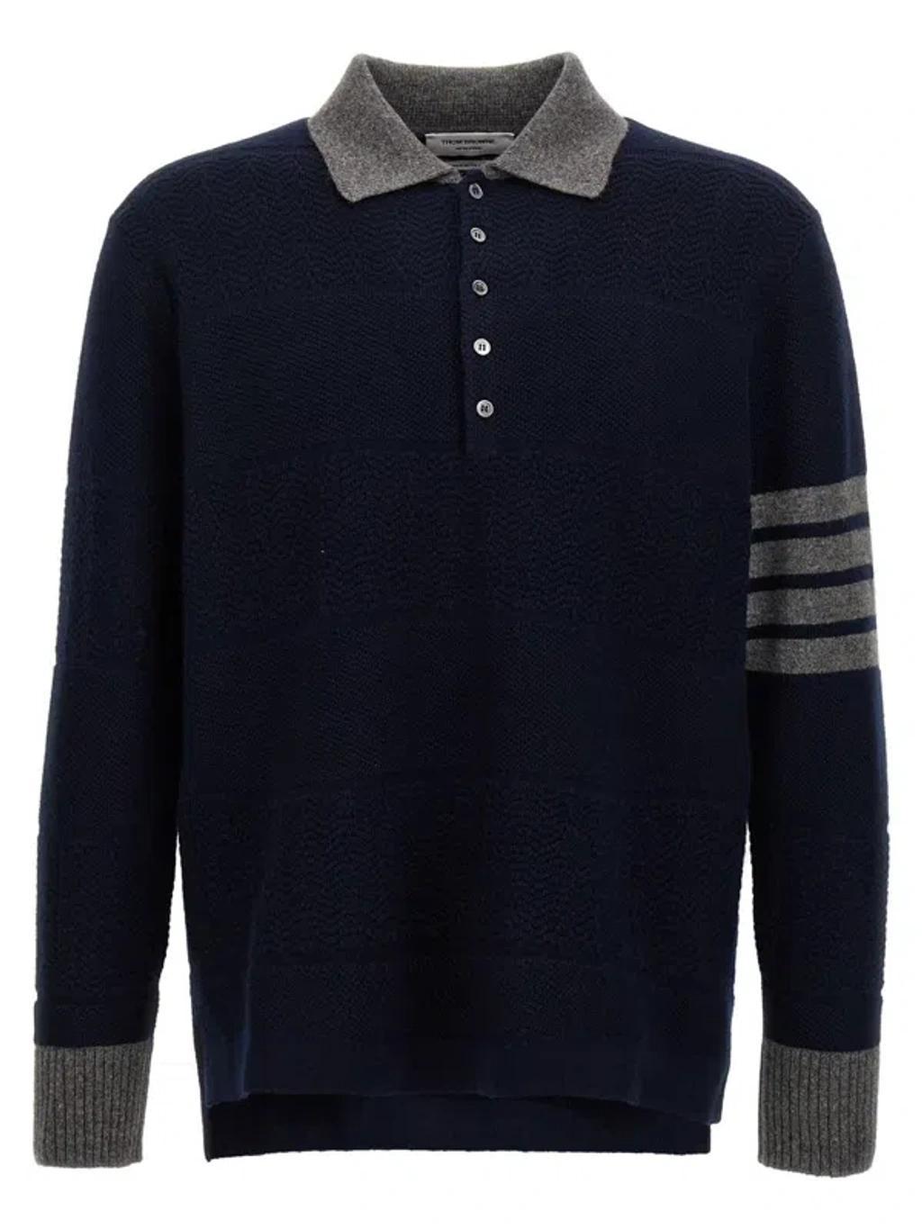 THOM BROWNE 4-bar Striped Virgin Wool Polo Sweater In Blue Product Image