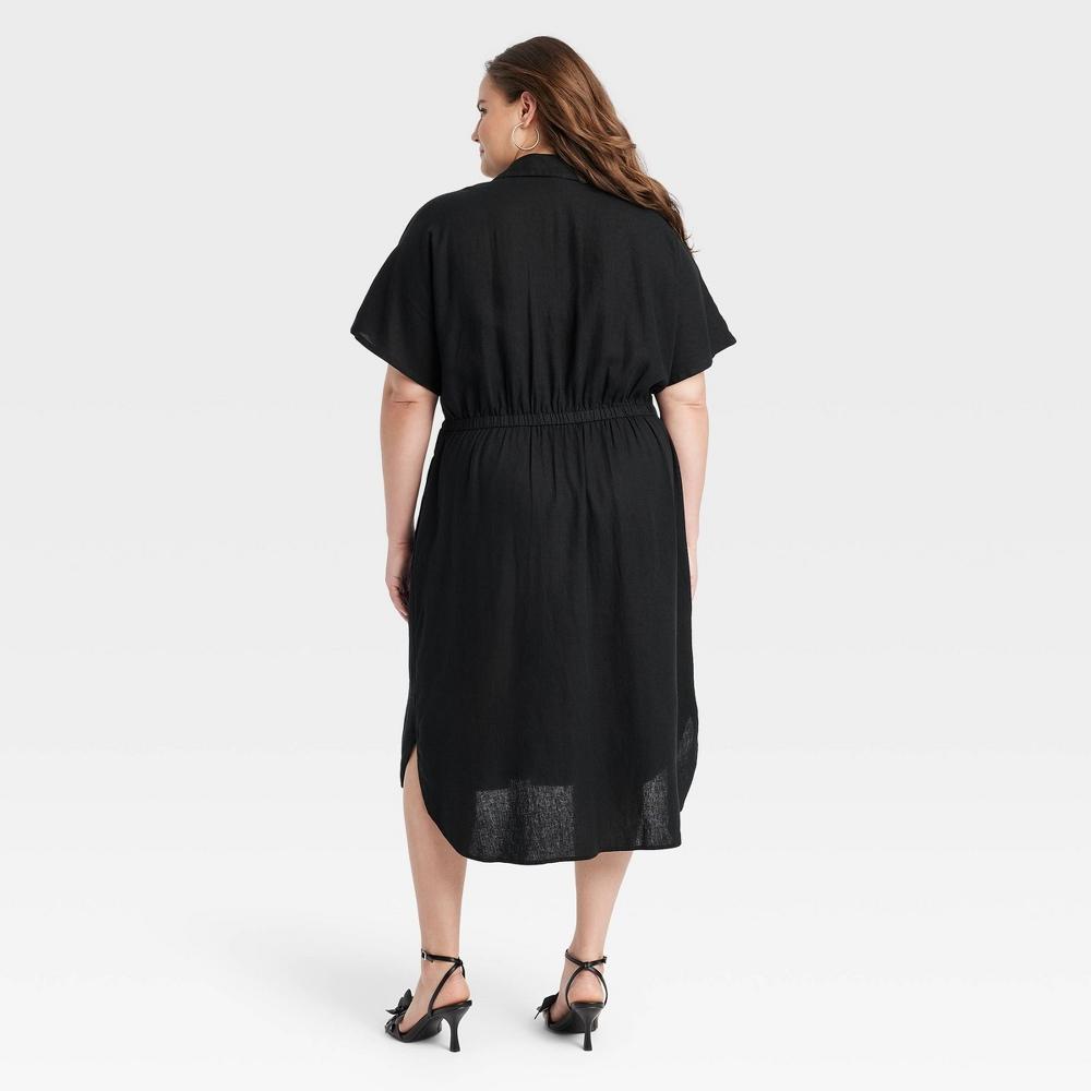 Womens Short Sleeve Linen Midi Shirtdress - A New Day Black XXL Product Image