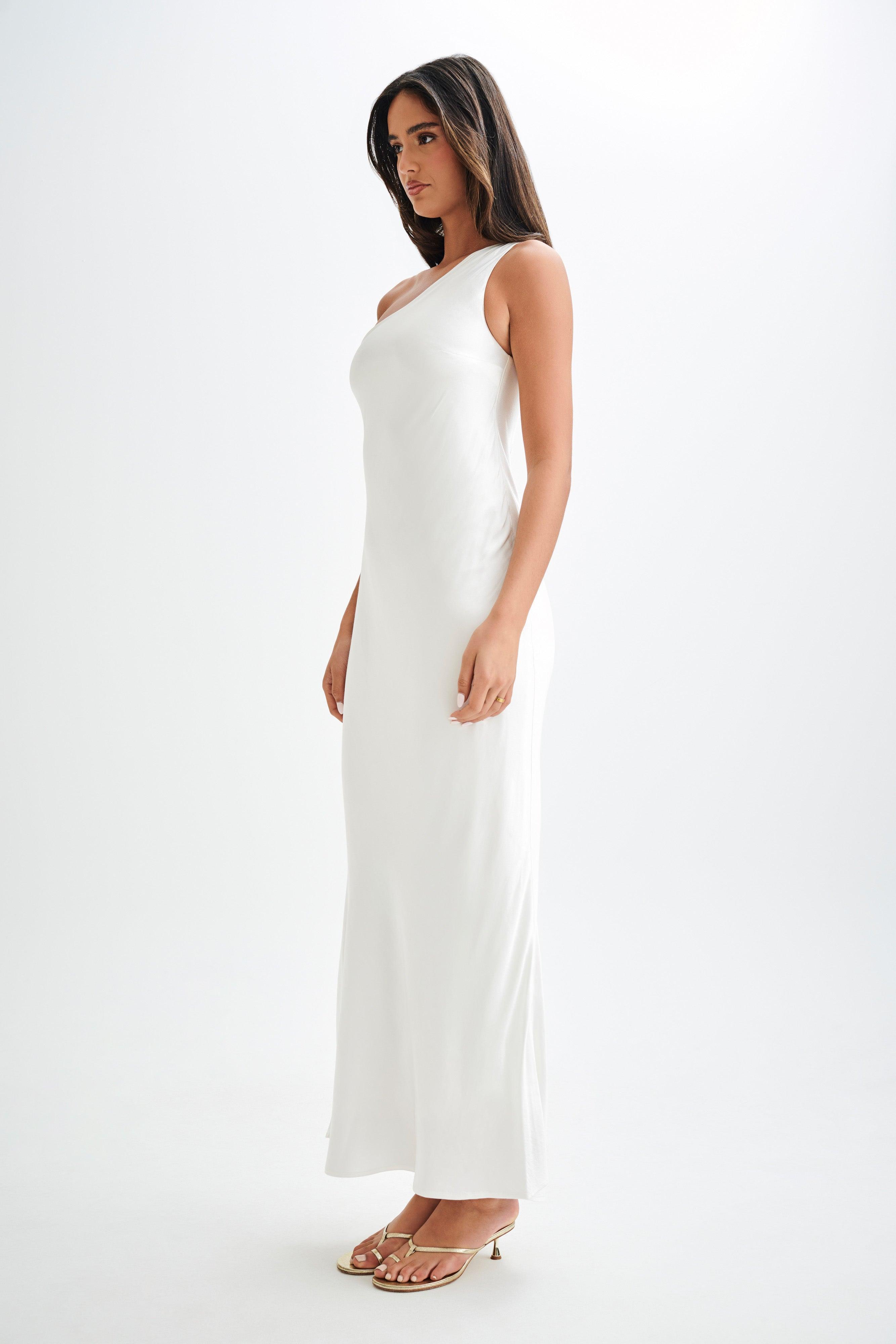 Camille One Shoulder Satin Maxi Dress - White Product Image