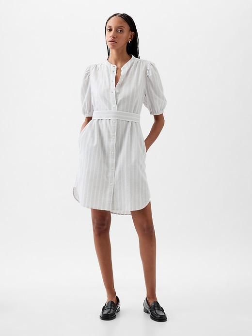 Linen-Cotton Puff-Sleeve Mini Shirtdress Product Image