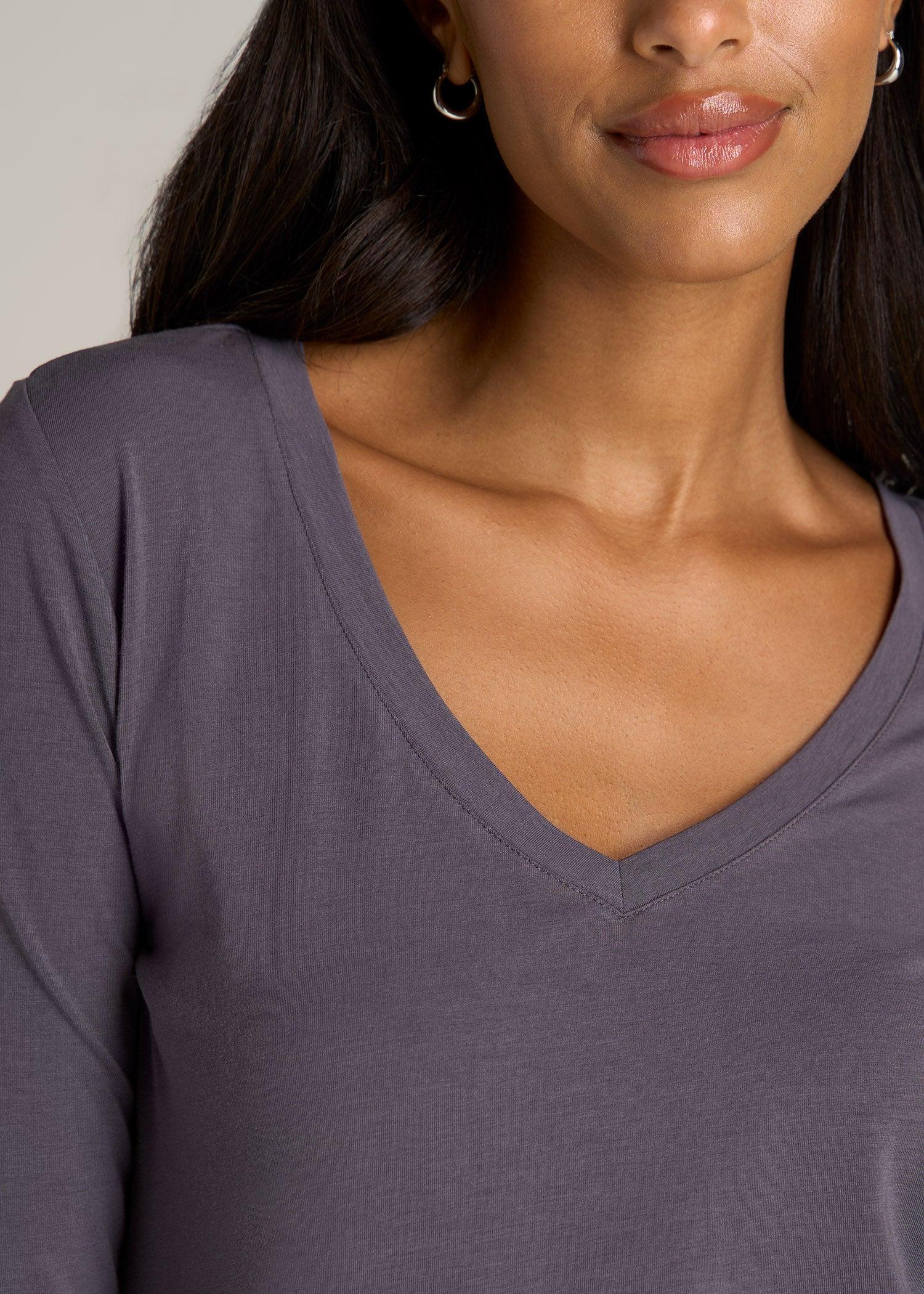 Long Sleeve Scoop V-Neck Tee Shirt for Tall Women in Charcoal Female Product Image