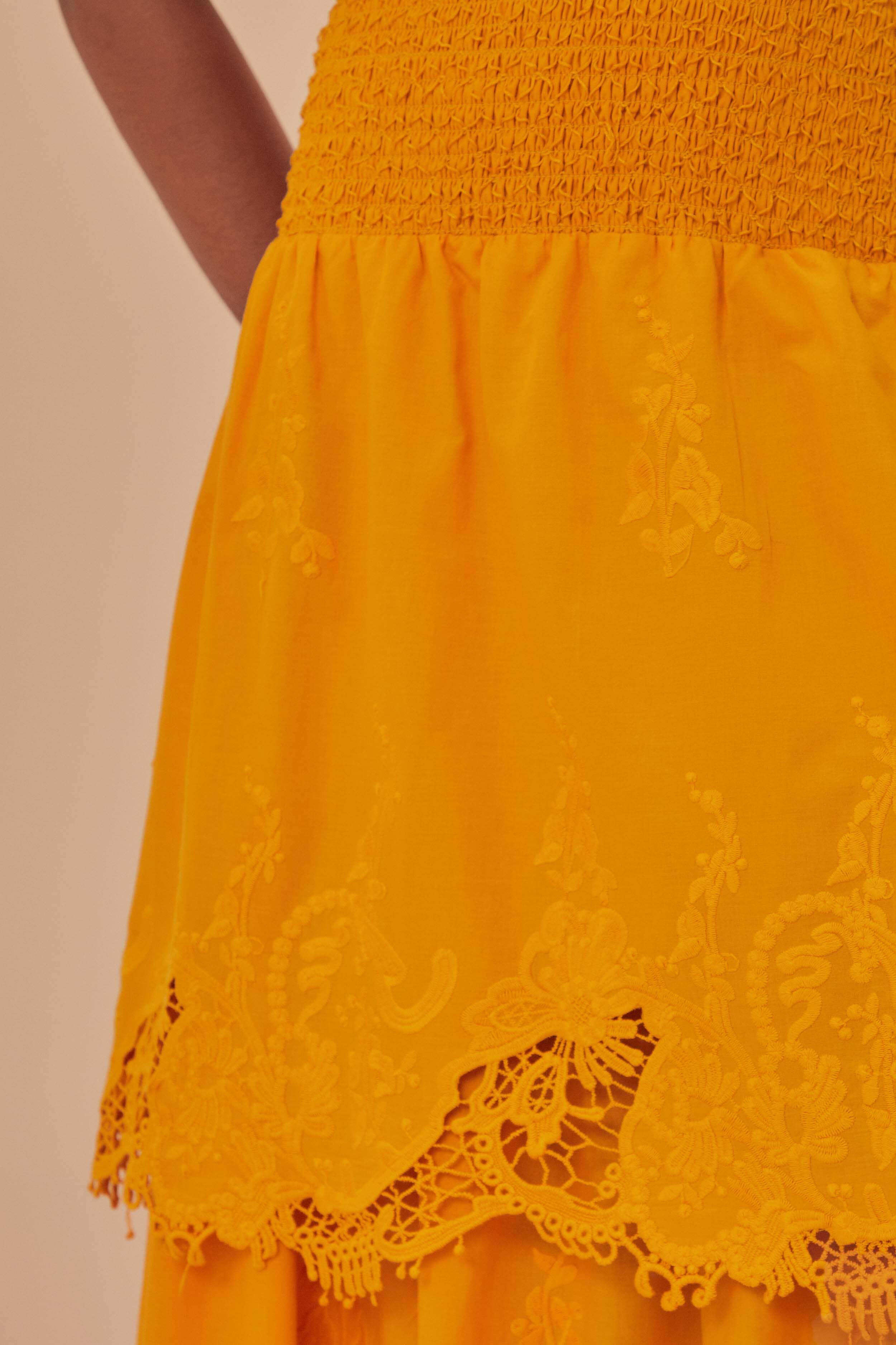 Yellow Mustard Tiered Lace Midi Skirt Product Image