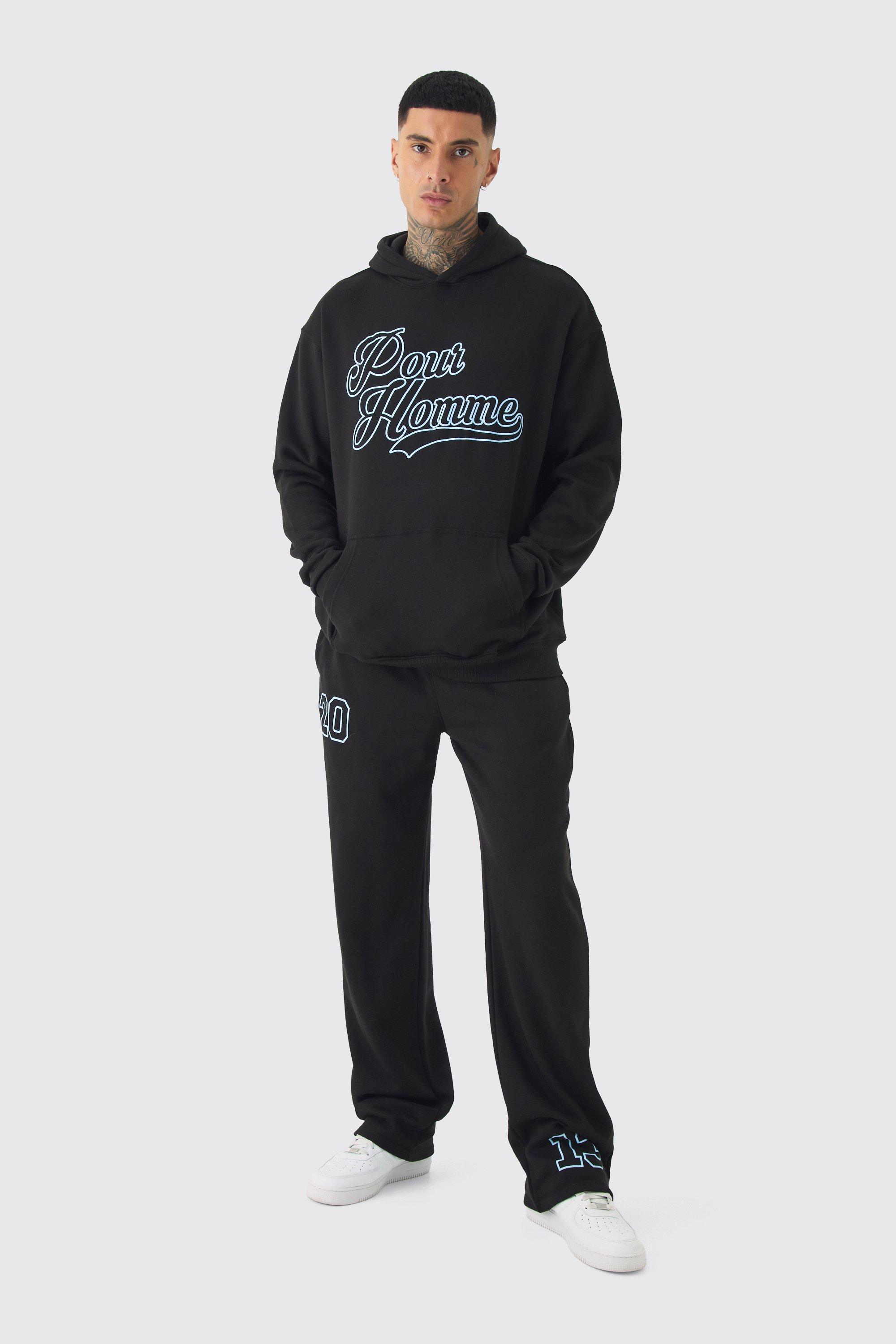 Mens Black Tall Pour Homme Varsity Hoodie & Relaxed Fit Jogger Tracksuit, Black product image