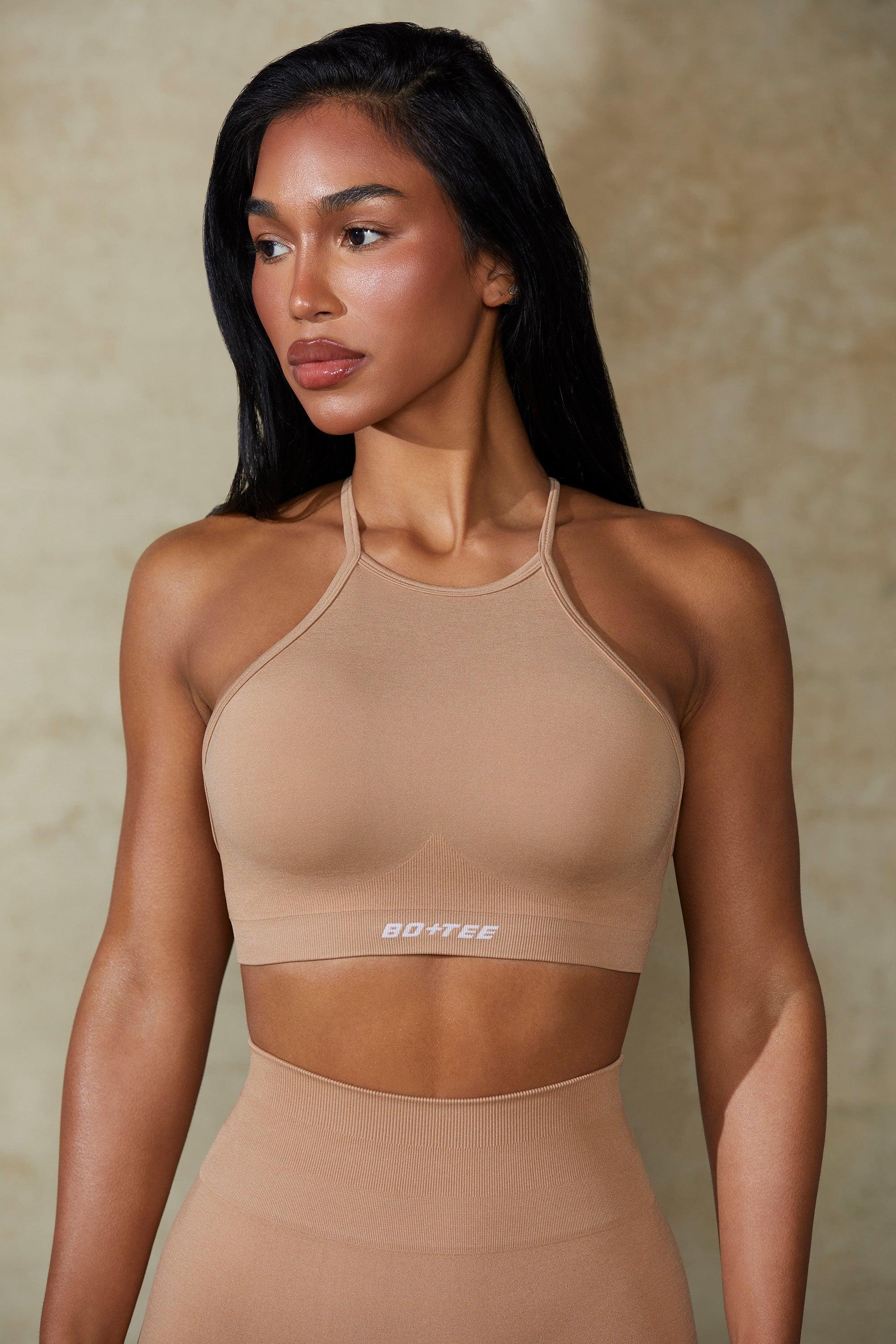 High Neck Open Back Define Luxe Sports Bra in Warm Taupe Female Product Image