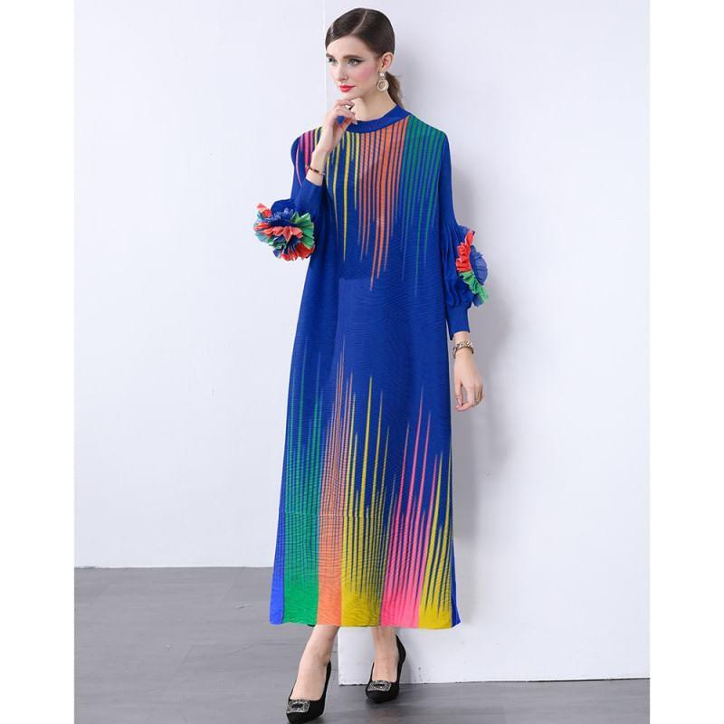 Long-Sleeve Round Neck Print Floral Accent Maxi Tunic Dress Product Image