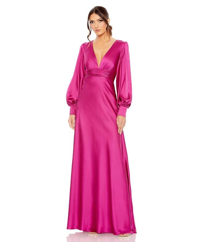 Mac Duggal Charmeuse V-Neck Long Bishop Sleeve Gown Product Image