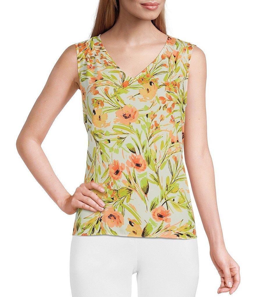 Kasper Petite Size Floral Print Sleeveless Pleated Shoulder V-Neck Top Product Image