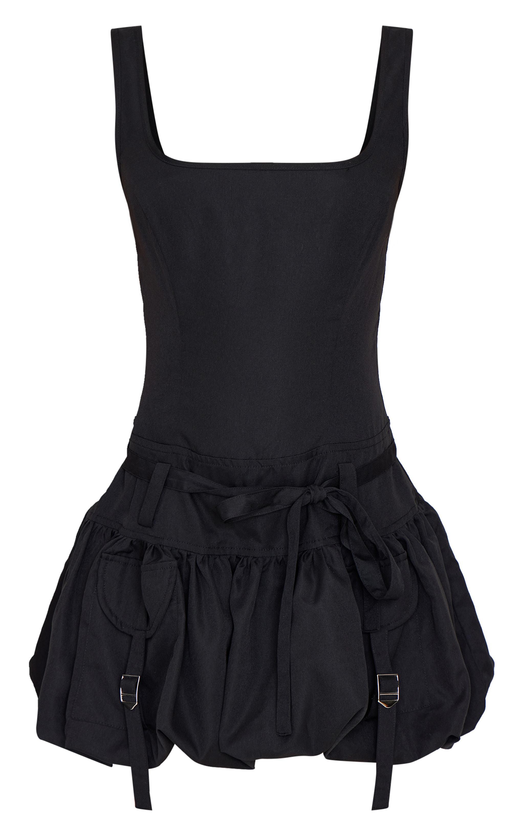 Black Square Neck Puffball Dress Product Image