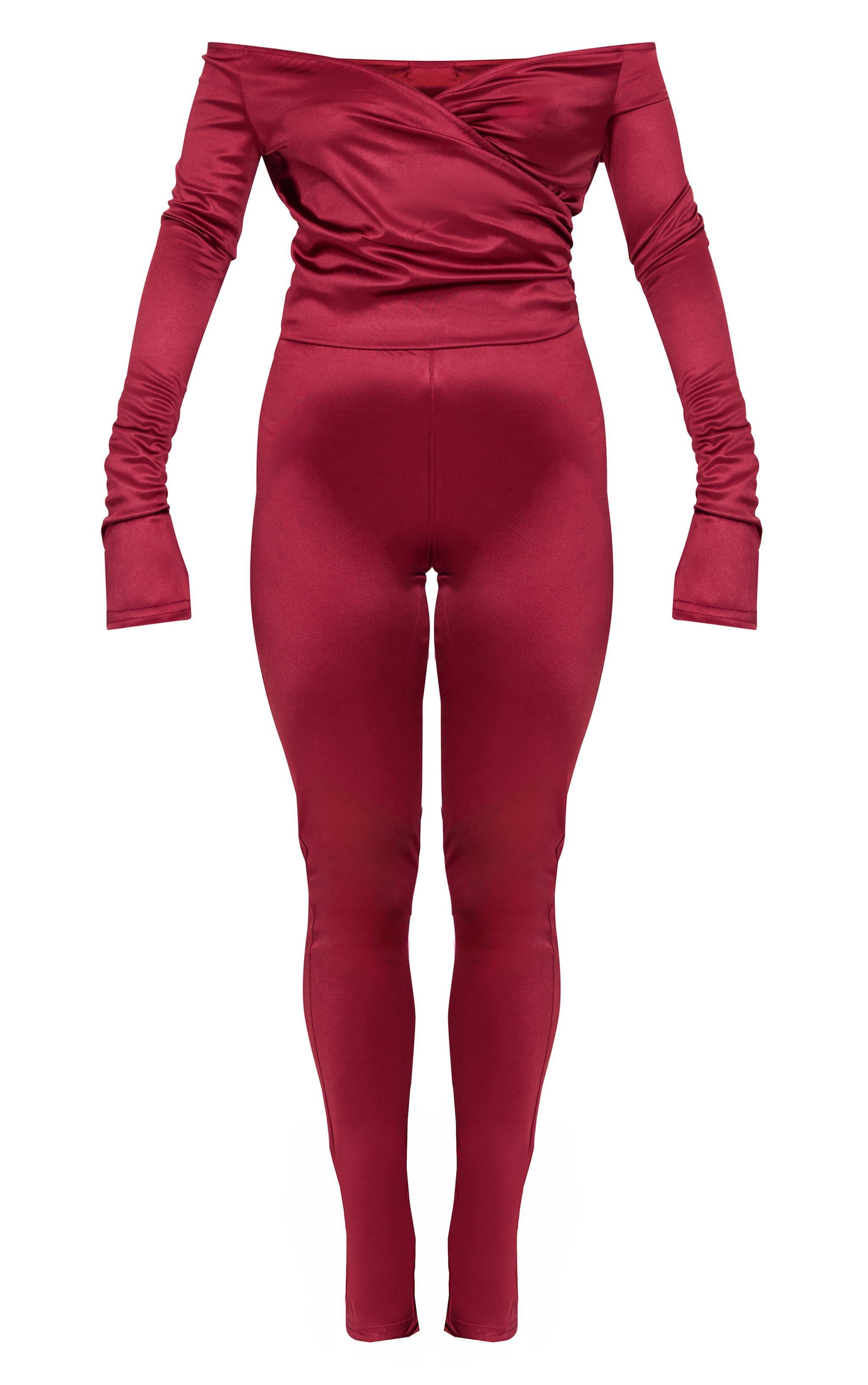 Burgundy Stretch Satin Cross Front Bardot Split Hem Jumpsuit Product Image