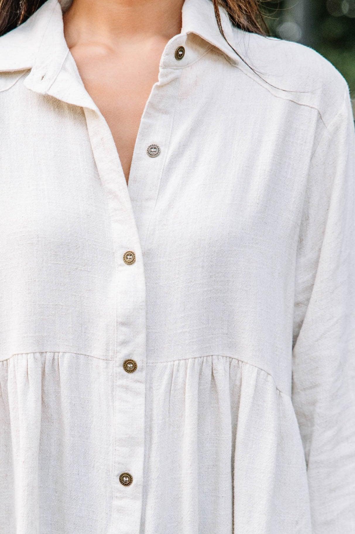 Call On Me Oatmeal White Linen Top Female Product Image