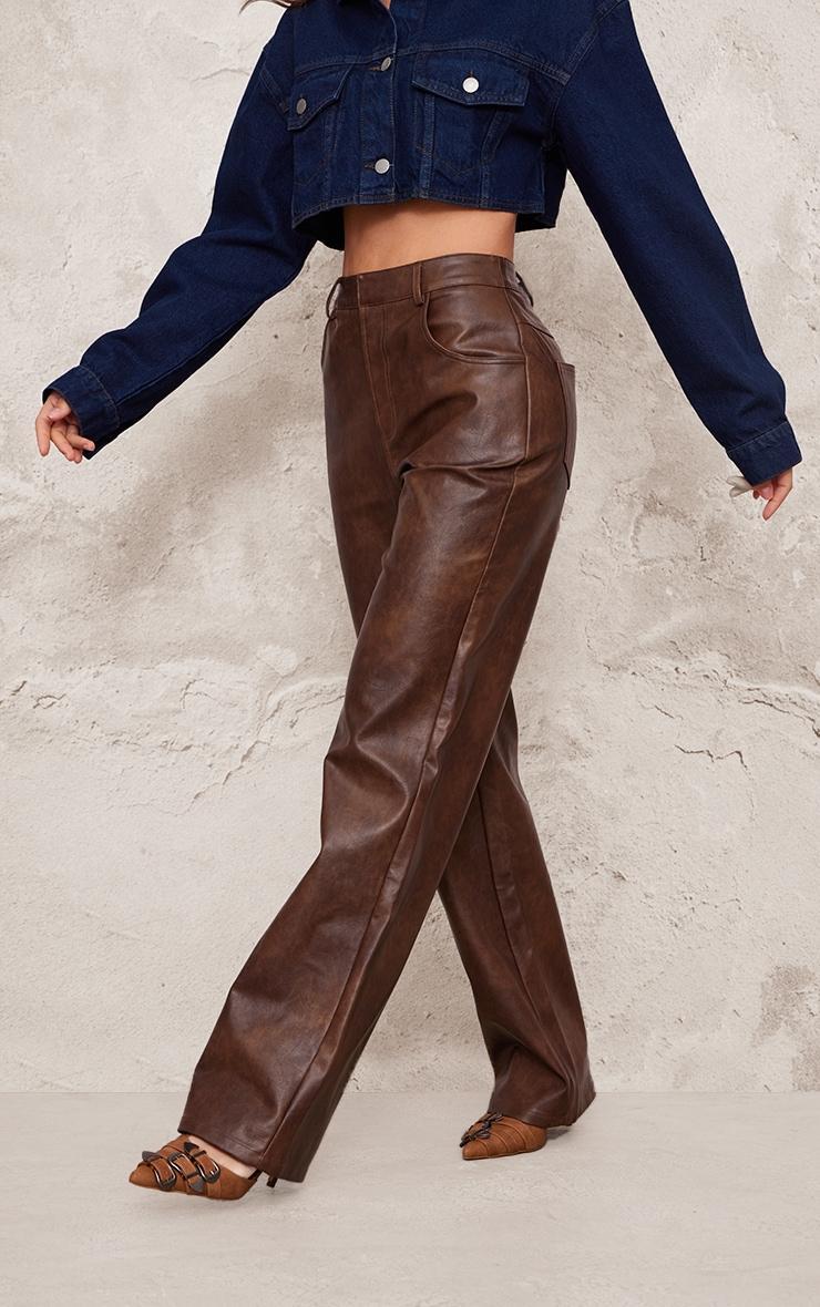 Chocolate Washed Faux Leather Straight Leg Trousers Product Image