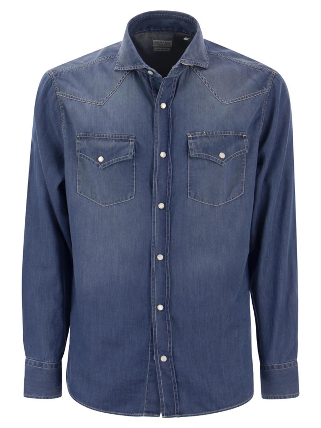 BRUNELLO CUCINELLI Easy Fit Shirt In Light Denim With Press Studs In Dark Denim Product Image