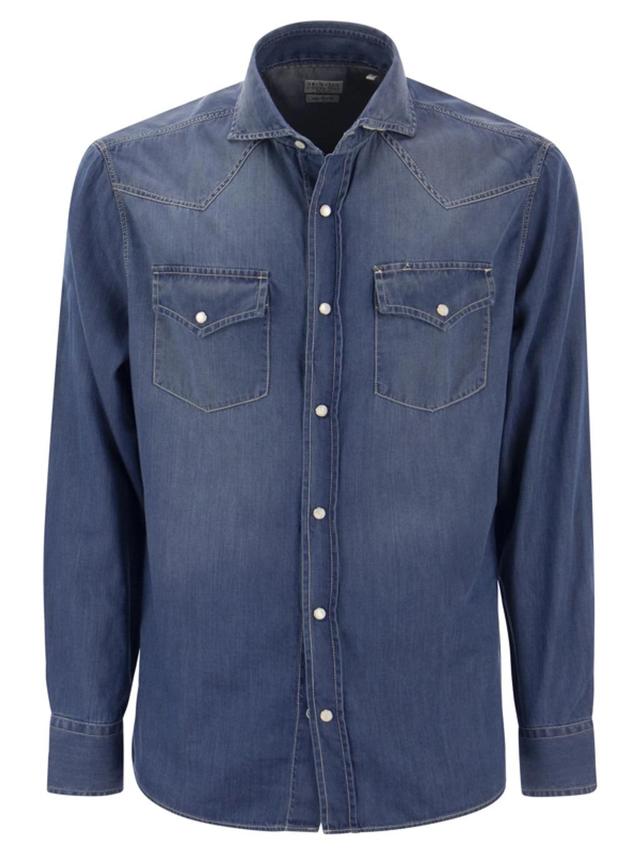 BRUNELLO CUCINELLI Easy Fit Shirt In Light Denim With Press Studs In Dark Denim Product Image