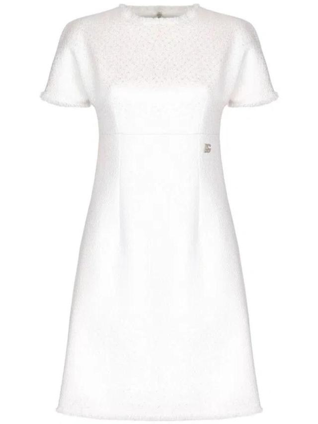 DOLCE & GABBANA Appliqué-logo Bouclé Mini Dress In Weiss Product Image