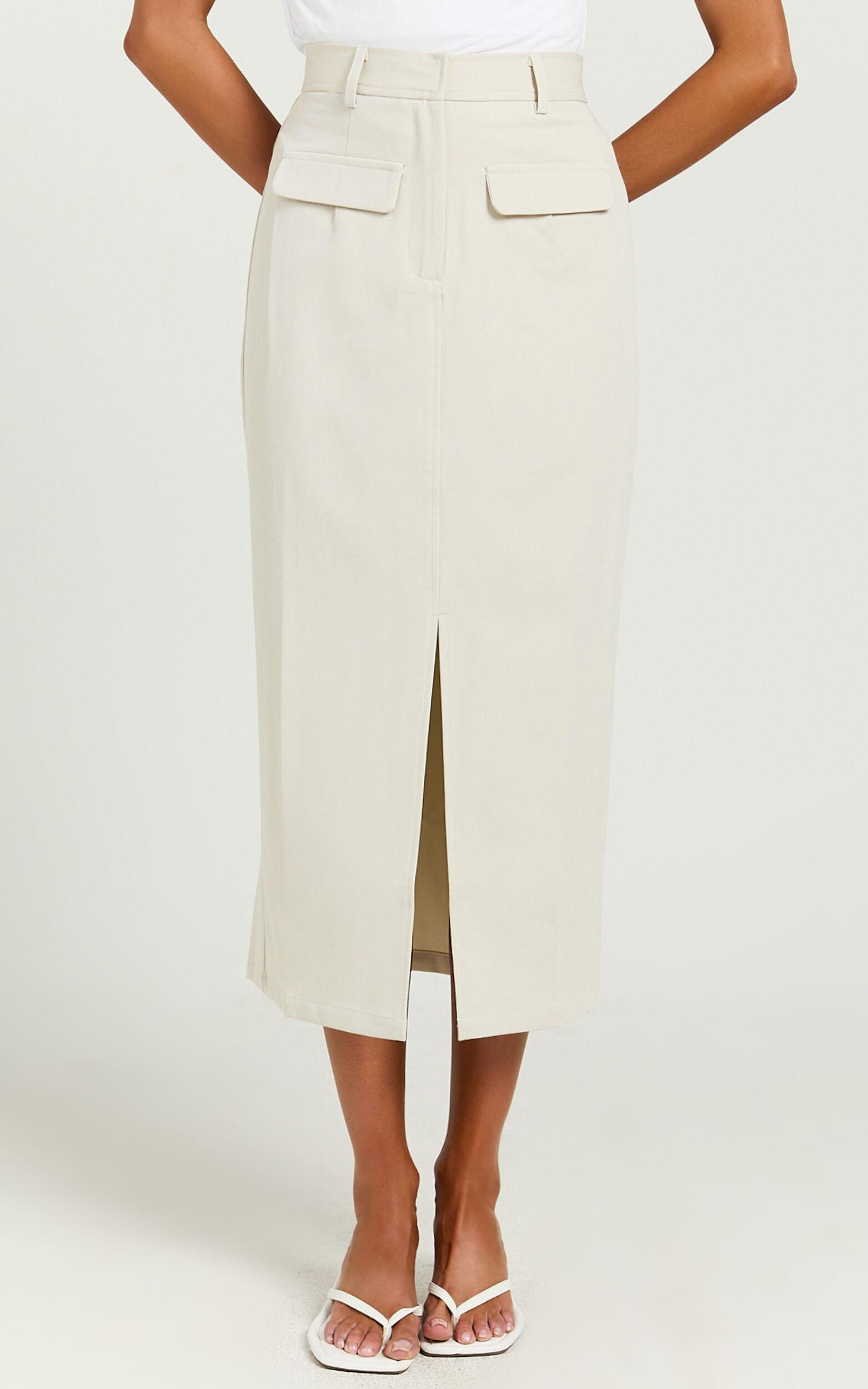 Brylee Midi Skirt - High Waisted Front Split Skirt in Stone Product Image