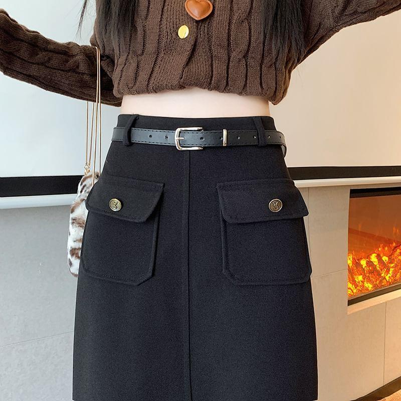 High Waist Plain Flap Pocket Midi A-Line Skirt Product Image