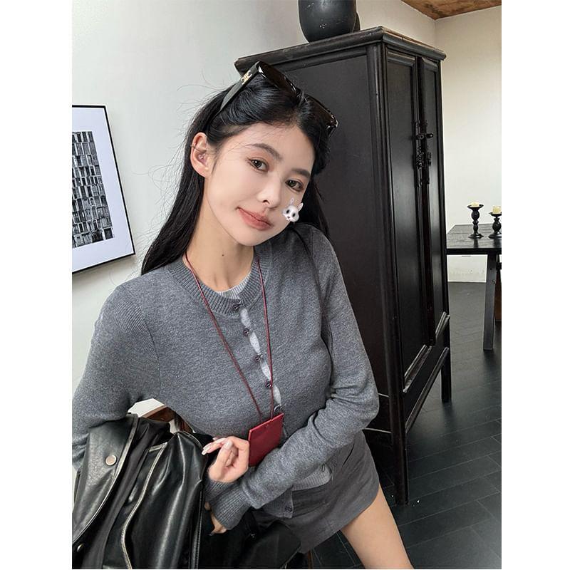 Long-Sleeve Crew Neck Mock Two-Piece Two Tone Button-Up Crop Knit Top product image