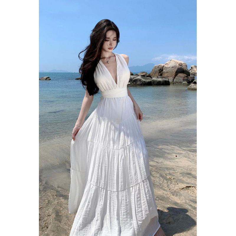 Sleeveless V-Neck Plain Maxi A-Line Dress Product Image