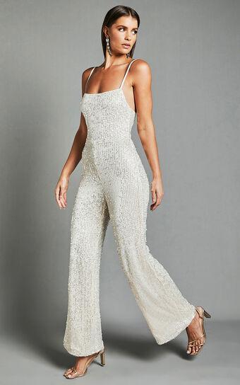 Carlie Jumpsuit - Straight Neck Strappy Sequin in Champagne Product Image