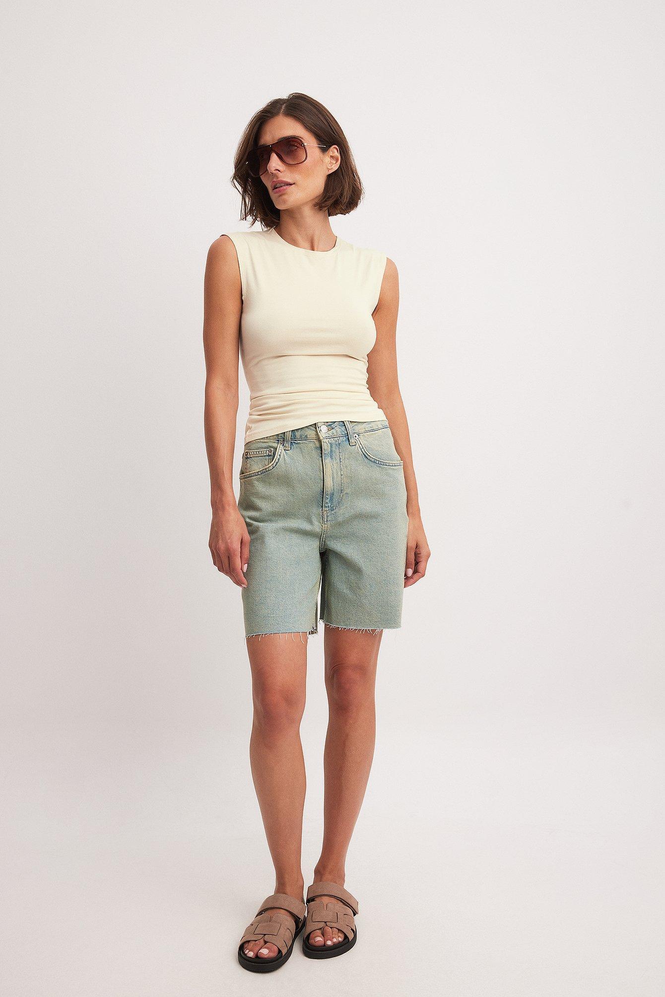 High Waist Raw Hem Denim Shorts Product Image