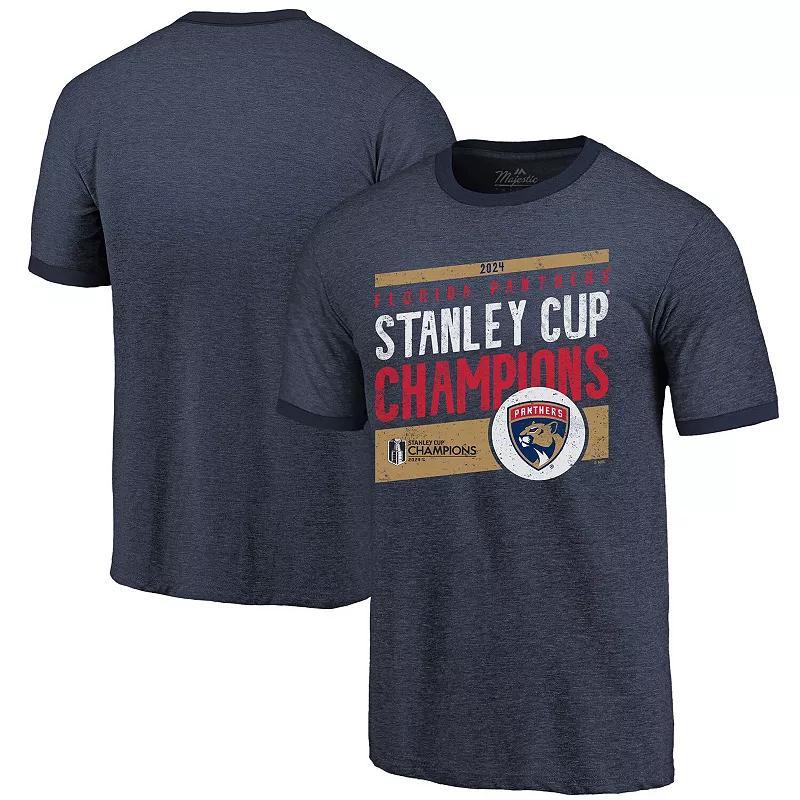 Mens Majestic Threads Navy Florida Panthers 2024 Stanley Cup Champions Tri-Blend Ringer T-Shirt Pnt Blue Product Image