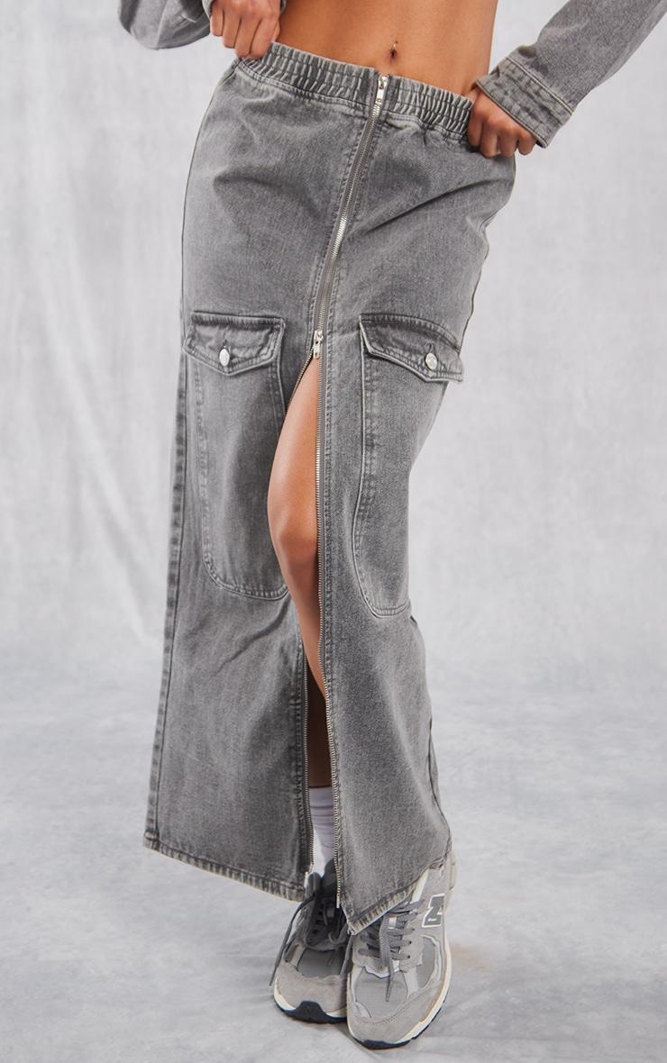 Washed Grey Cargo Pocket Zip Front Midi Denim Skirt Product Image