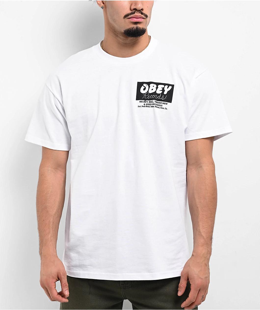 Obey Records Buy Sell Trade White T-Shirt Product Image