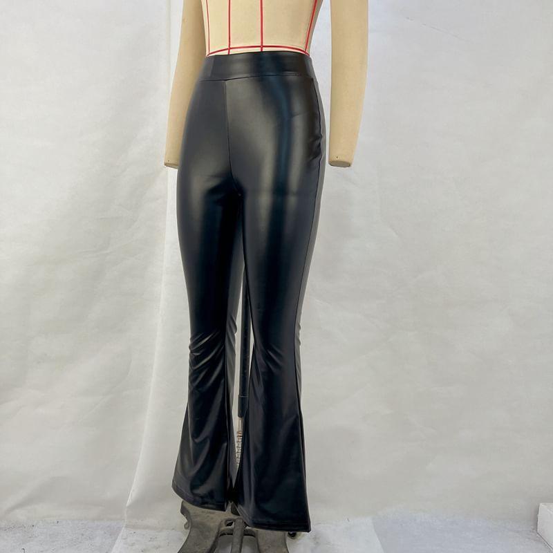 High Rise Plain Faux Leather Bootcut Pants Product Image