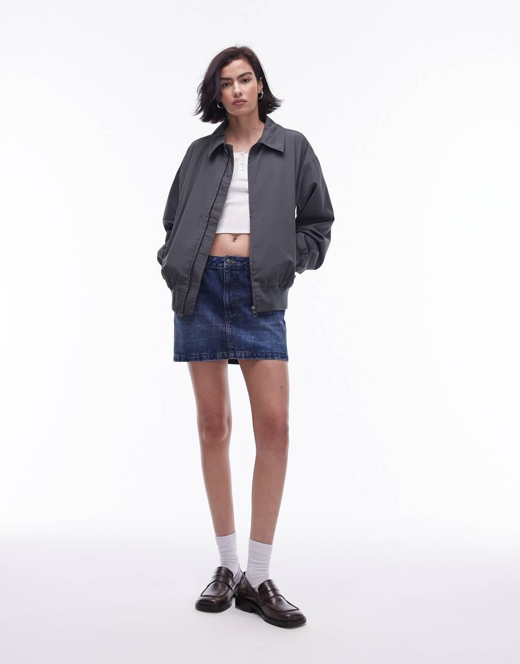 Topshop oversized washed cotton bomber jacket in charcoal Product Image