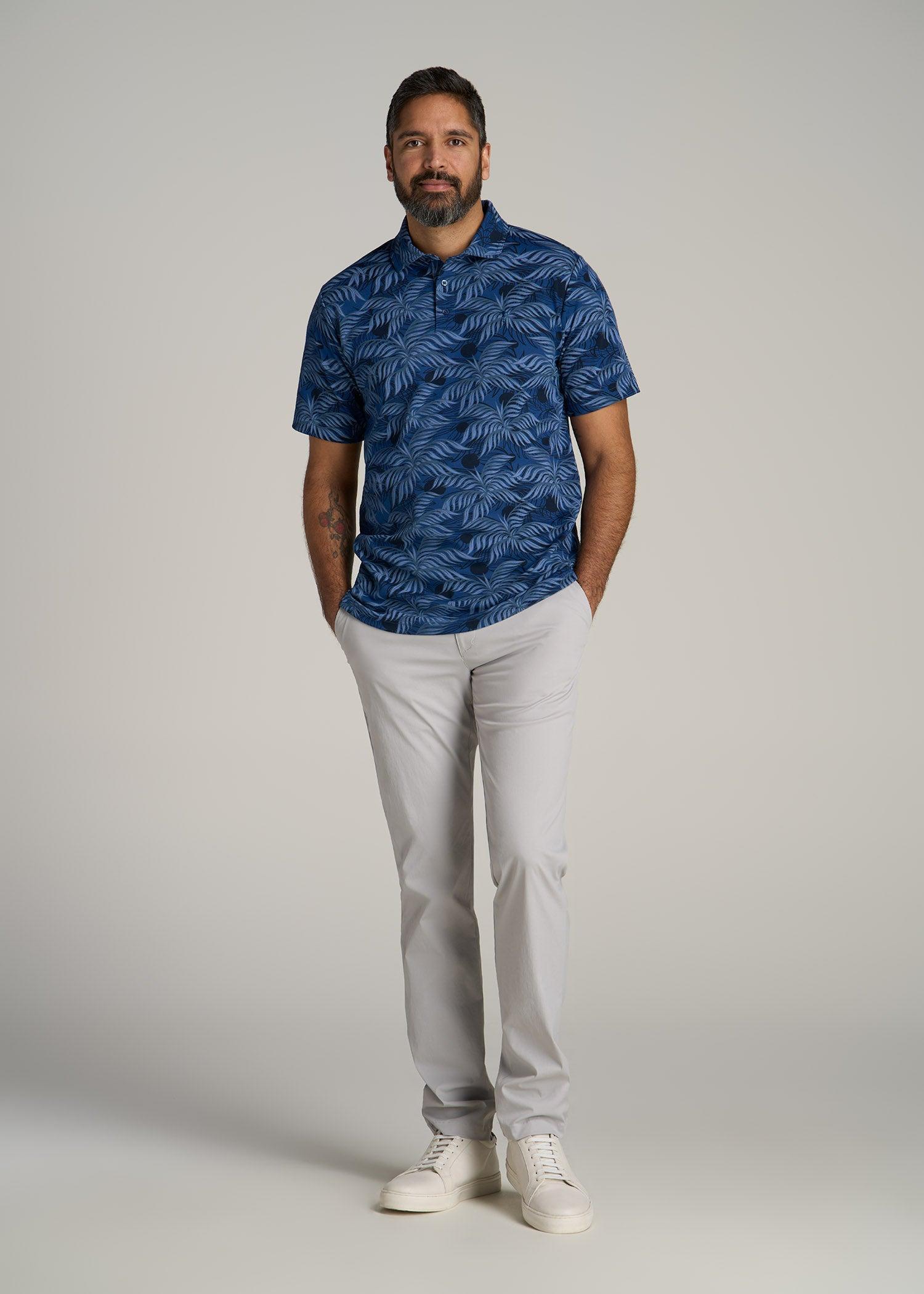 Cotton Stretch Print Polo Shirt for Tall Men in Blue Palm Product Image