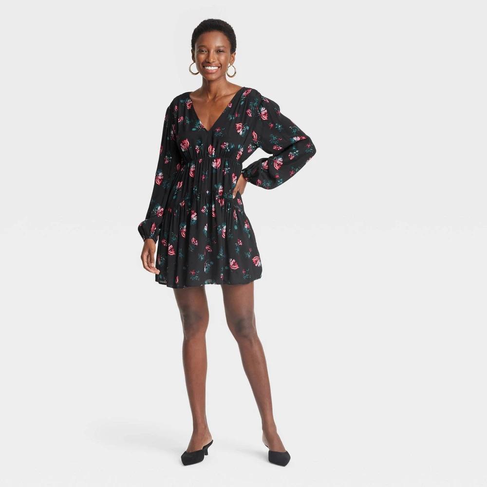 Womens Balloon Long Sleeve Dropped Waist Mini A-Line Dress - A New Day Black Floral XS Product Image