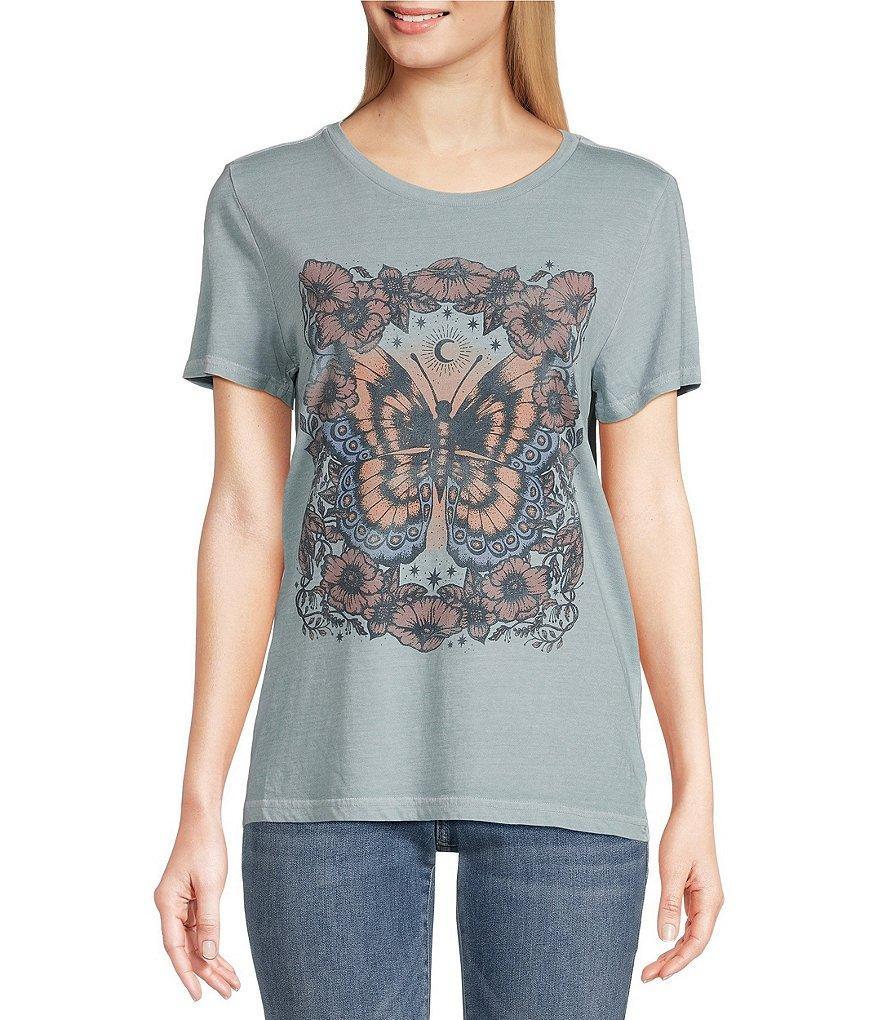 Lucky Brand Floral Butterfly Knit Crew Neck Short Sleeve Tee Shirt Product Image