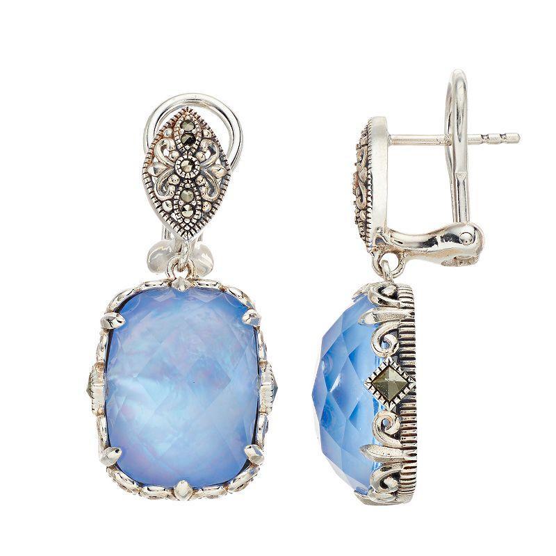 Lavish by TJM Sterling Silver Lab-Created Blue Quartz & Mother-of-Pearl Doublet with Marcasite Cushion Earrings, Womens Product Image