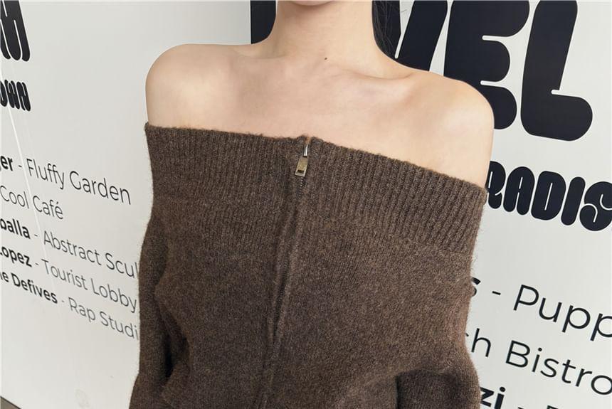 Off-Shoulder Long-Sleeve Plain Zip-Up Sweater Product Image