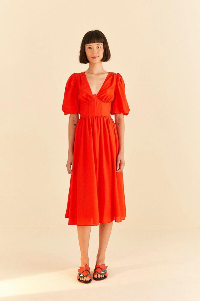 Red Short Sleeves Midi Dress Product Image