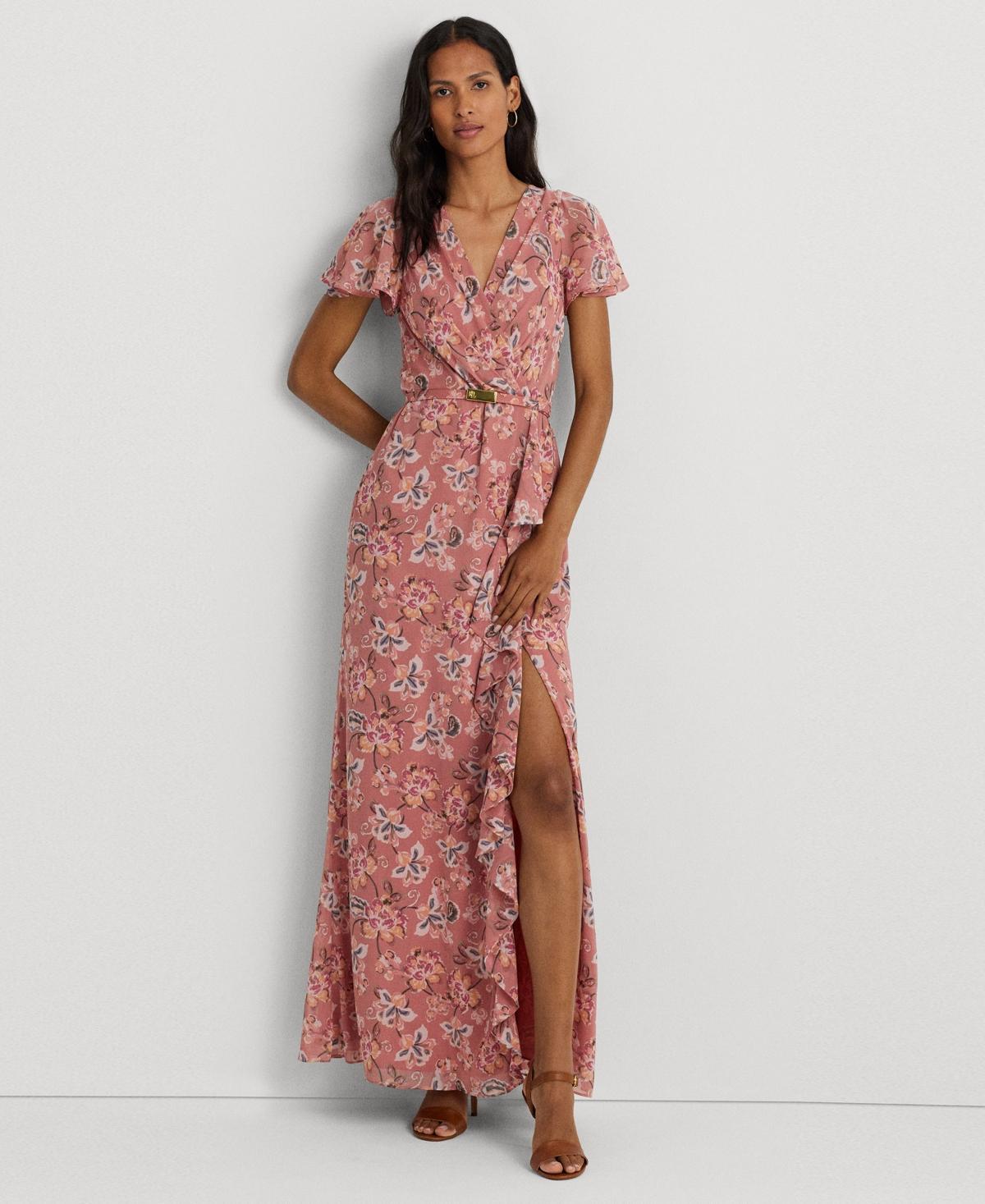 Lauren Ralph Lauren Womens Floral Flutter-Sleeve Gown Product Image